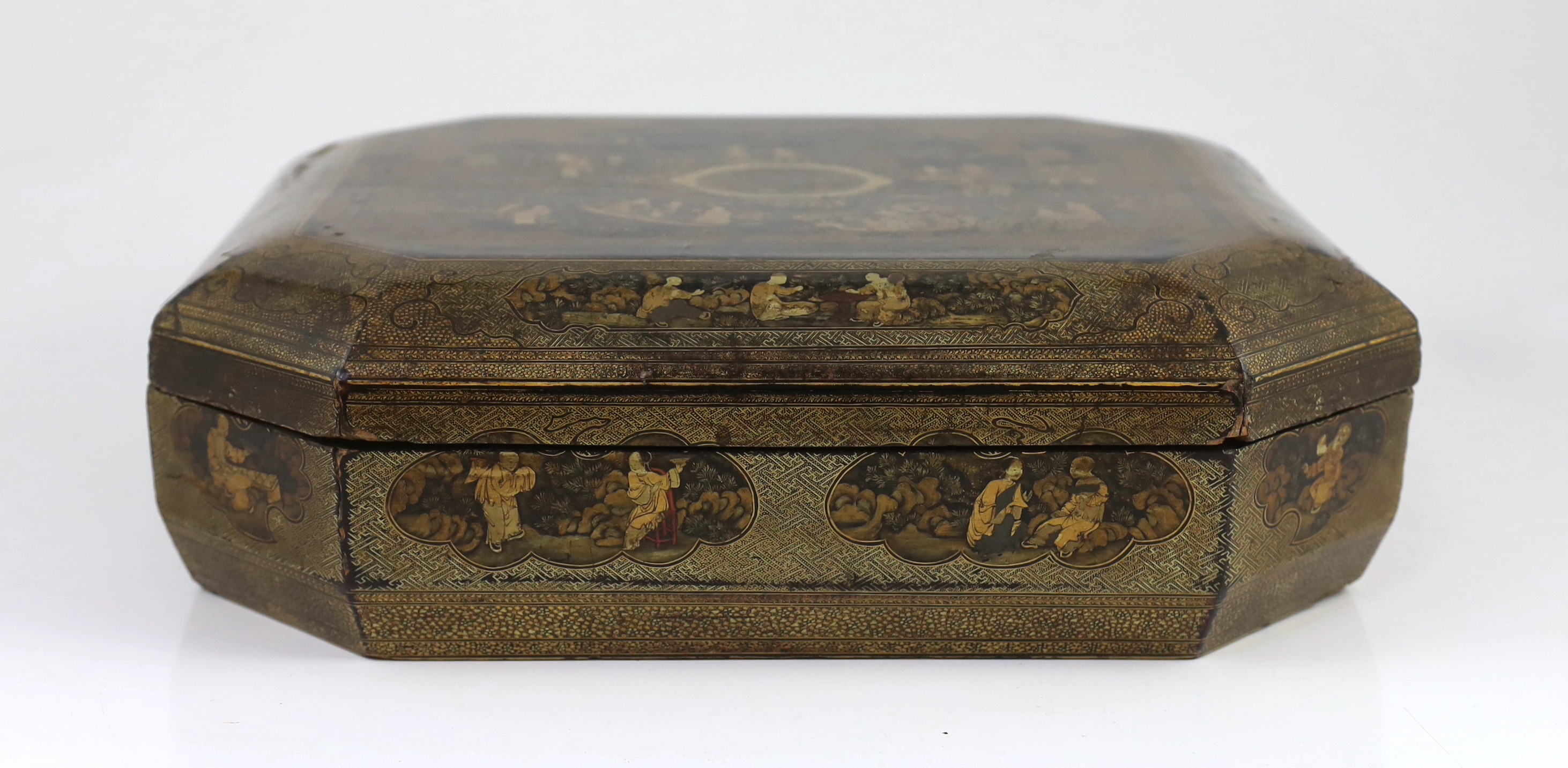 A Chinese gilt decorated black lacquer games box, mid 19th century, slight faults